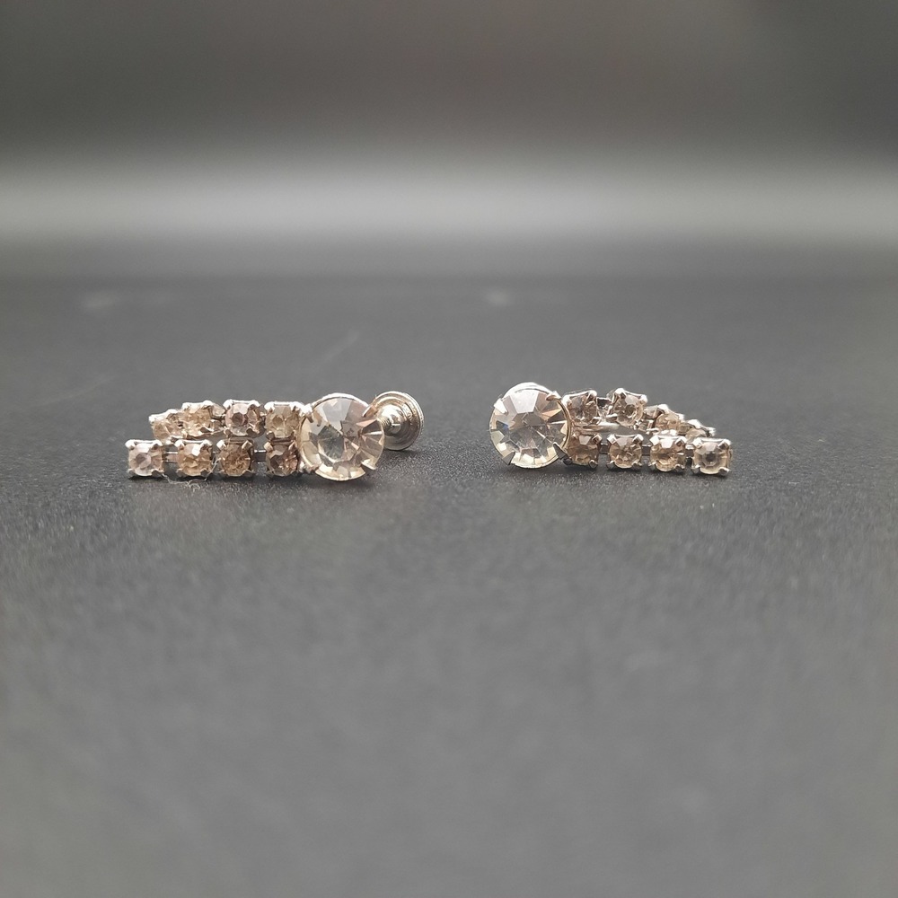 Vintage Screwbackβ Rhinestone Earrings Two-Row Art Deco Style Silver Tone